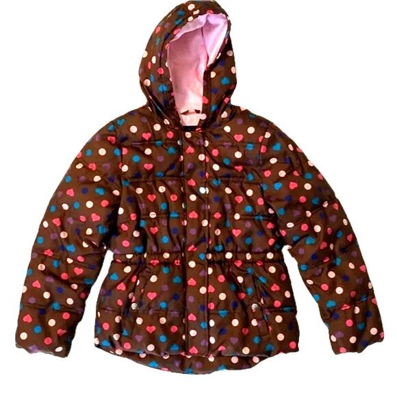 𝅺FADED GLORY Girls Sz L 10-12 Brown Puffer Coat Jacket Pink Polka Dots & Hearts - Picture 1 of 6